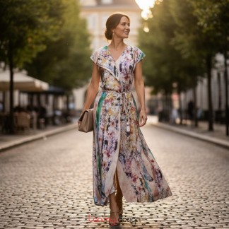V-neck silk dress with egg-inlaid lacquer pattern